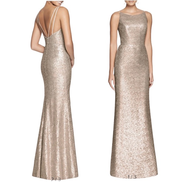 DESSY COLLECTION Bateau Neck Sequin Champagne Gown - Size 8 - Picture 1 of 7